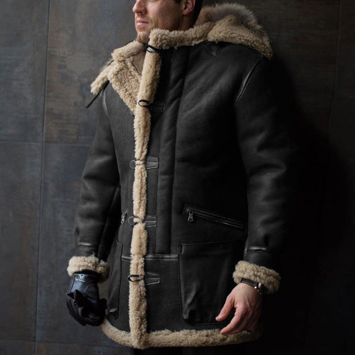 Men's Sheepskin Coat with Hood and Practical Pockets