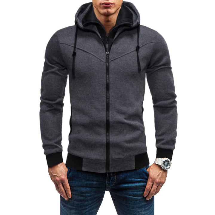 Men's Slim-Fit Hoodie Jacket with Concealed Zipper Double Collar and Contrasting Cuffs