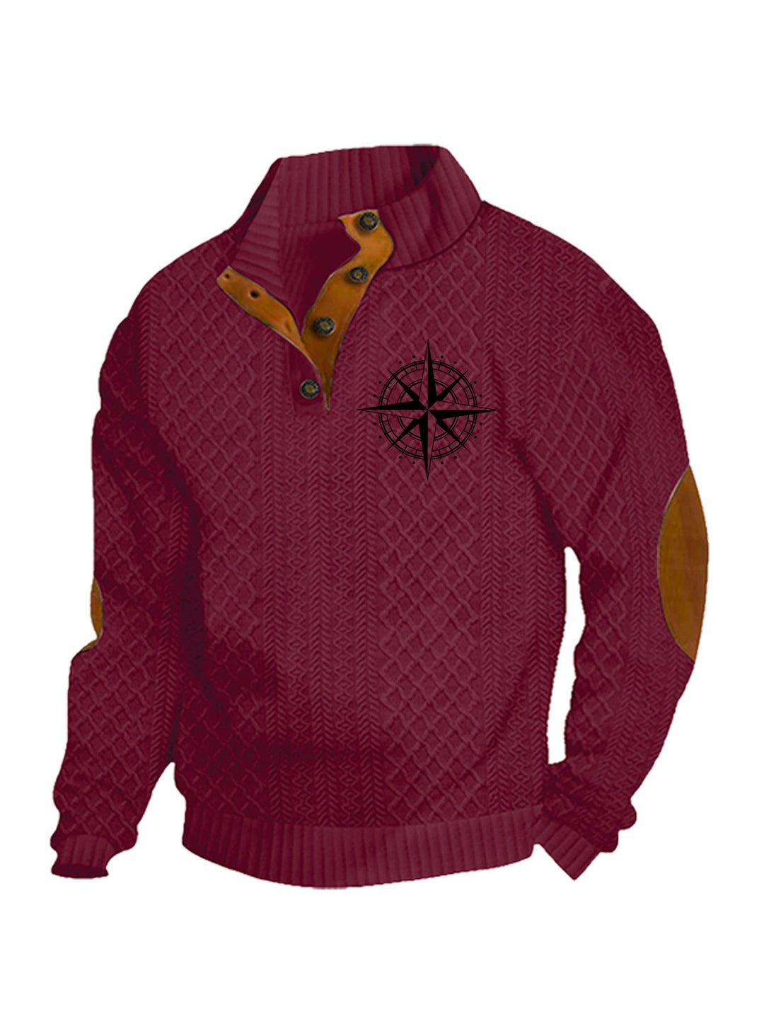 Men's Heritage Textured Pullover with Stand-up Collar Faux Leather Trim Elbow Patches and Half-button Placket