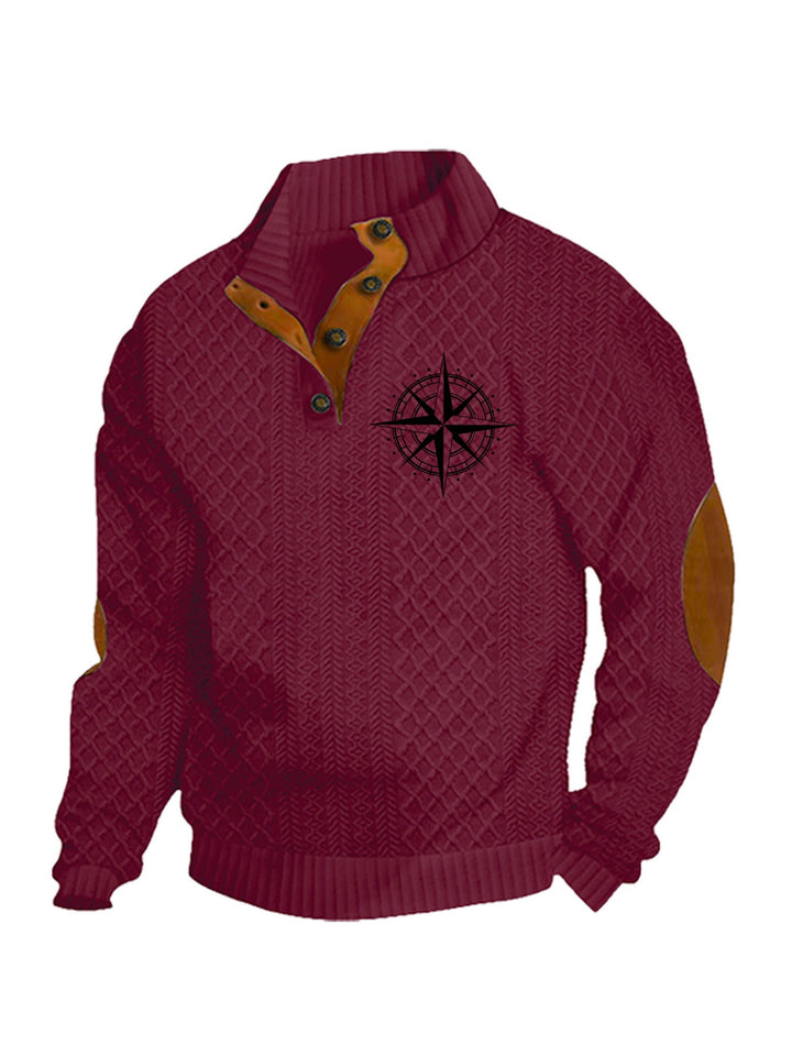 Men's Heritage Textured Pullover with Stand-up Collar Faux Leather Trim Elbow Patches and Half-button Placket