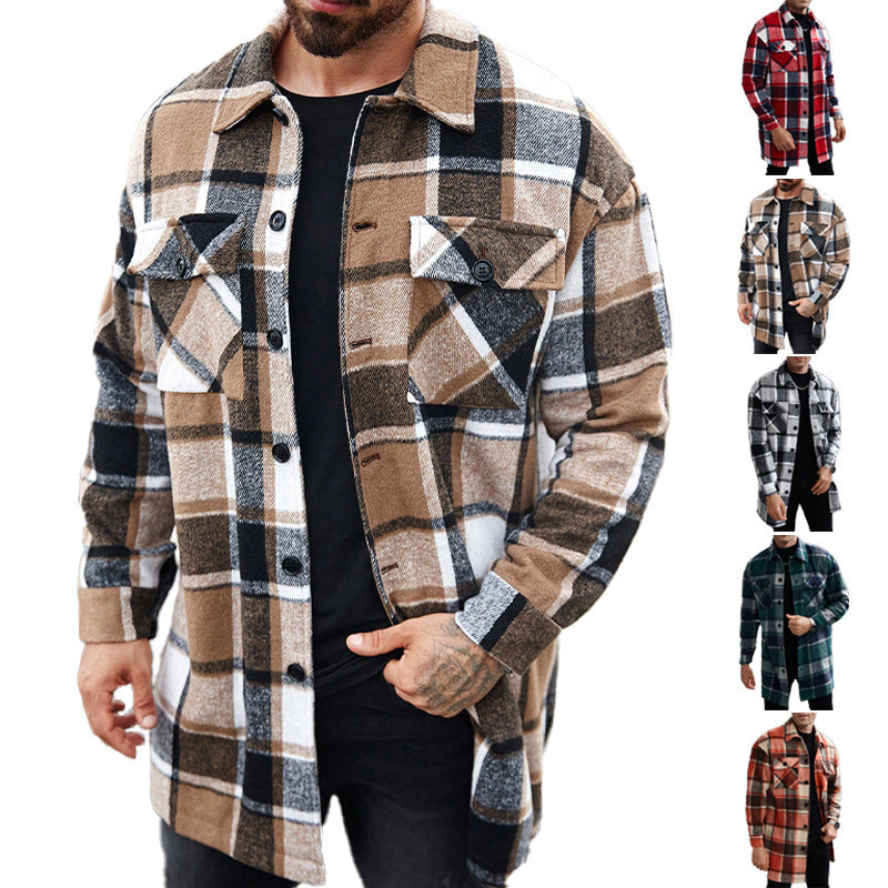 Men's Checked Longline Overshirt with Patch Chest Pockets and Button Placket