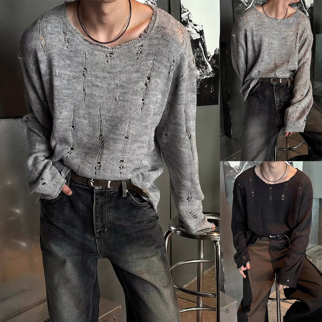 Men's Casual, Oversized Knit Sweater with Distressed Details