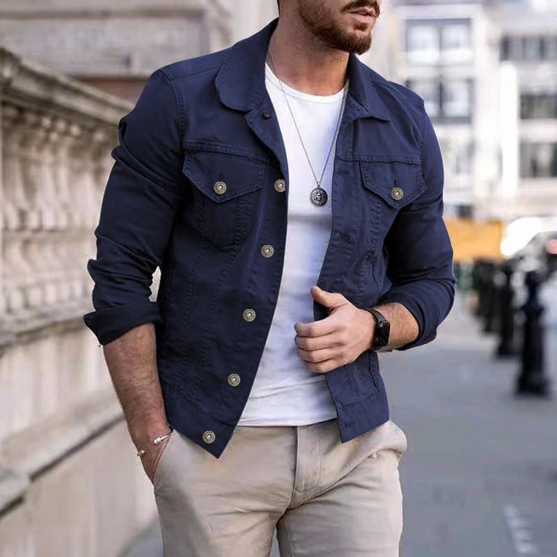 Men's Tailored Denim Jacket in Trucker Style with Chest Pockets and Metal Buttons