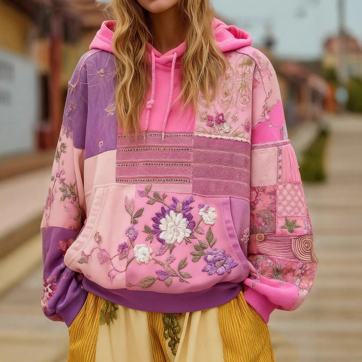 Women's Embroidered Patchwork Hoodie with Flower Applique and Kangaroo Pocket
