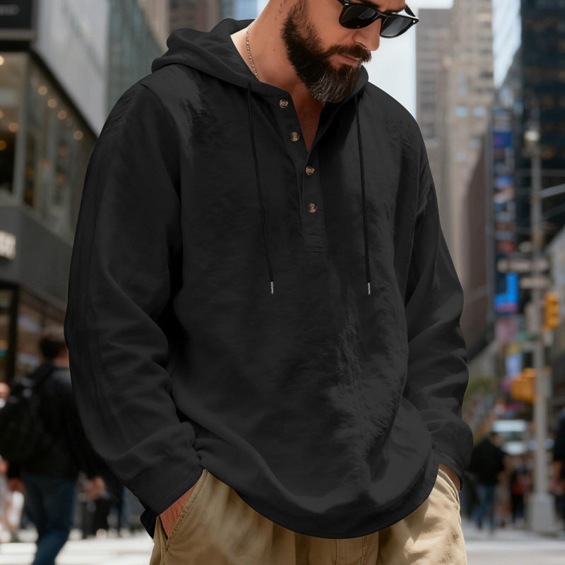 Men's Lightweight Hooded Shirt with Button Placket made of Linen Blend and Relaxed Fit