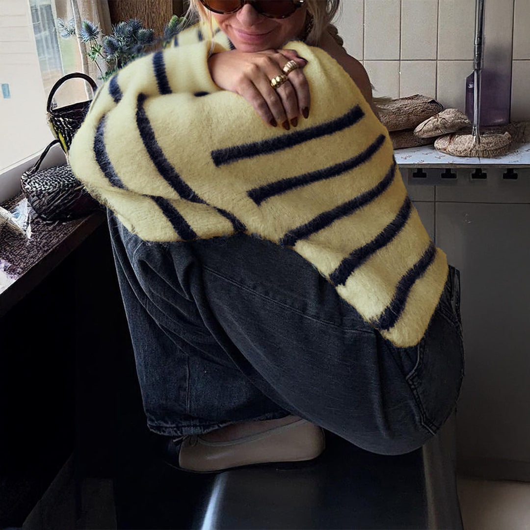 Women's Oversized Mohair Knit Sweater with Wide Carmen Boat Neckline and Fluffy Texture