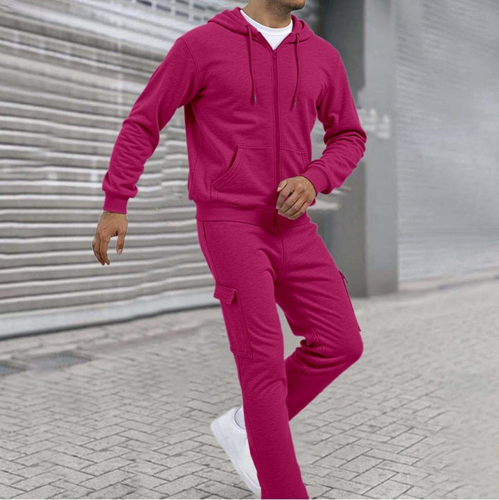 Men's Sporty Zip Sweat Set with Cargo Joggers, Ergonomic Seams, and Ribbed Cuffs