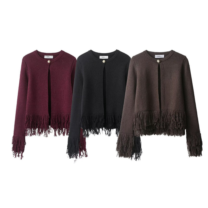 Women's Knitted Cropped Cardigan with Fringe Trim and Round Neck