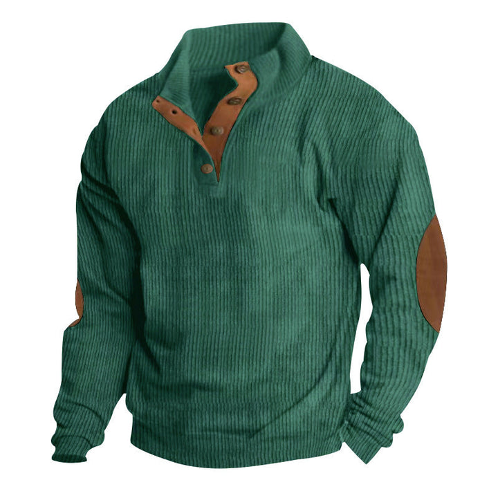 Men's Ribbed Henley Sweater with Stand Collar, Button Placket & Leather Elbow Patches