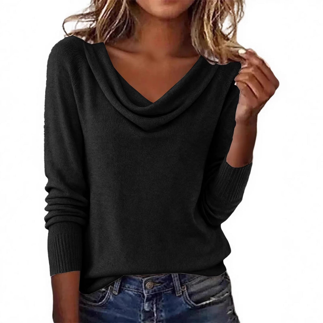 Women's Fine Knit Sweater with Waterfall Collar and Ribbed Cuffs