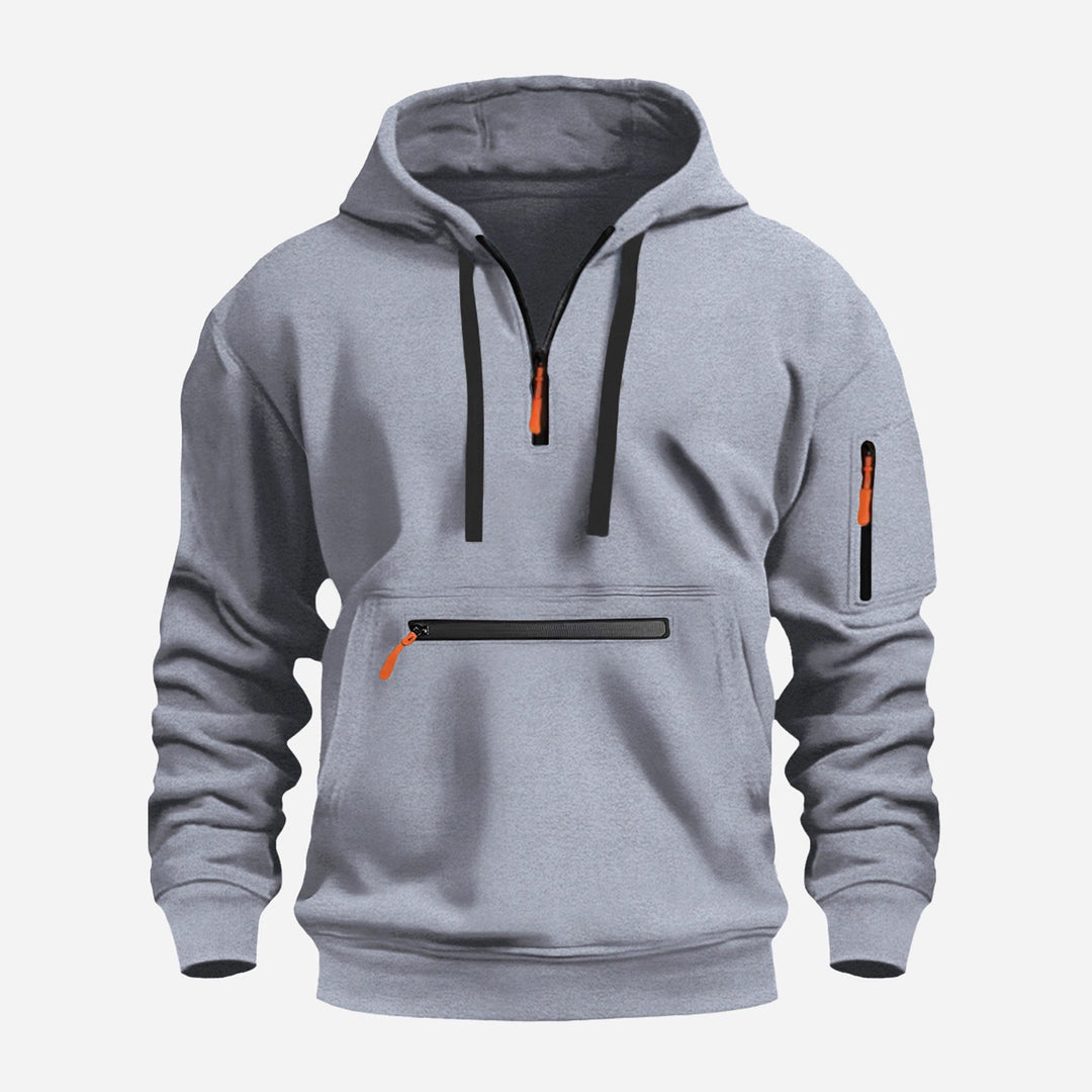 Men's Hoodie with Half Zip, Kangaroo Pocket and Hidden Zippers