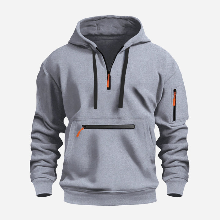 Men's Hoodie with Half Zip, Kangaroo Pocket and Hidden Zippers