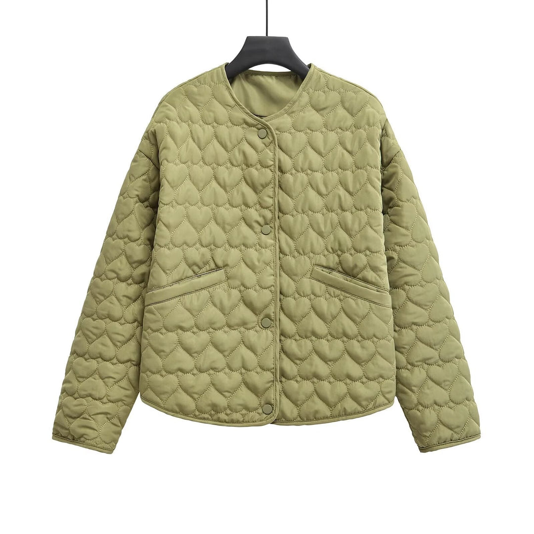 Women Quilted Short Jacket with Heart Quilting, Round Neckline and Snap Buttons