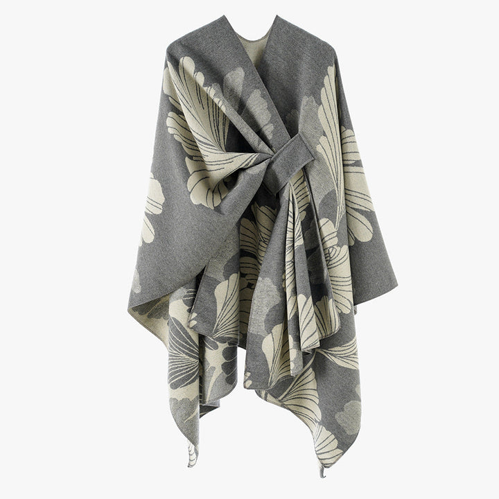 Women's Oversize Jacquard Cape made of Wool Blend with Floral Jacquard and Front Loop