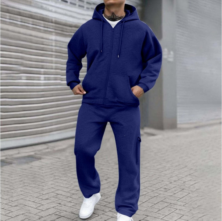 Men's Sporty Zip Sweat Set with Cargo Joggers, Ergonomic Seams, and Ribbed Cuffs