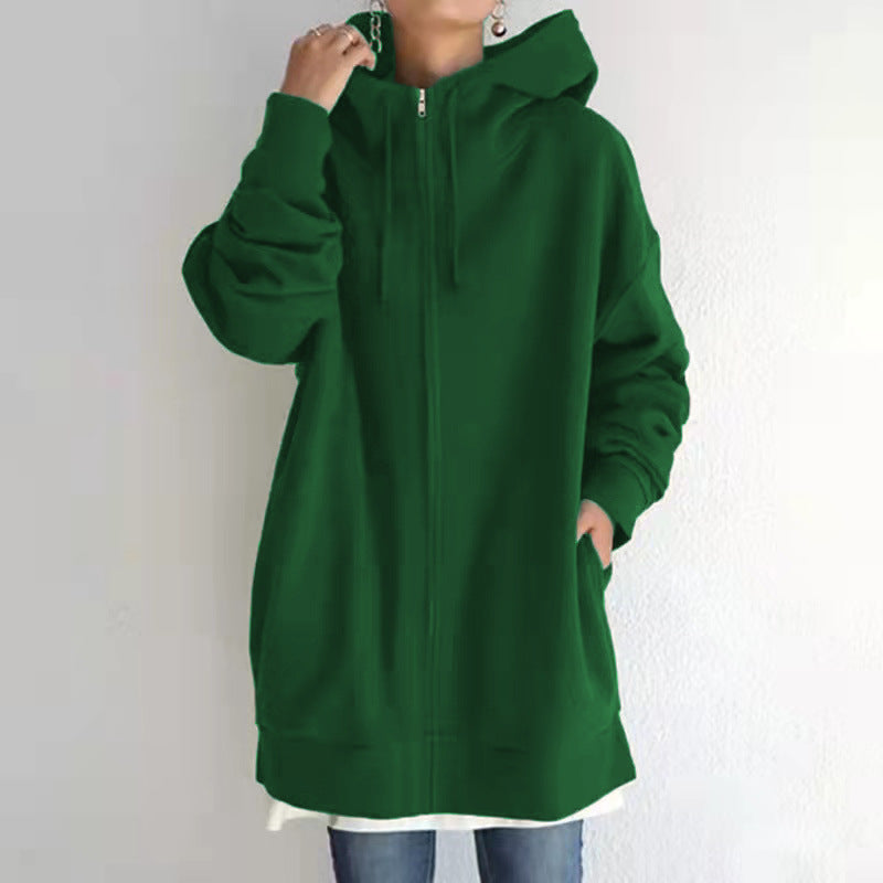Women's Oversized Hooded Long Pullover with Zipper and Side Pockets