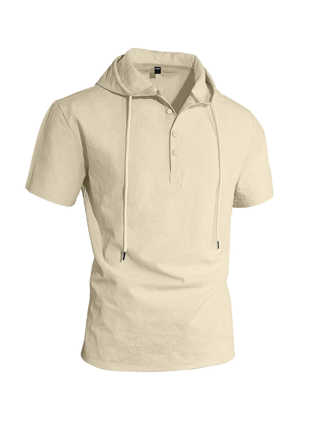 Men's Short-sleeved Hooded Henley made of Slub Cotton with Concealed Button Placket and Drawstring