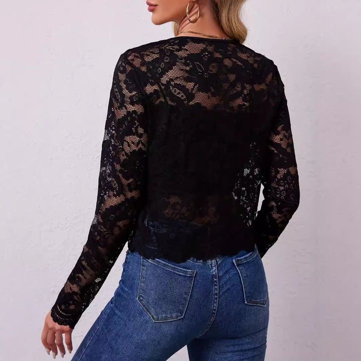 Women's Short-cut Transparent Lace Bolero Jacket with Floral Lace and Hook Closure