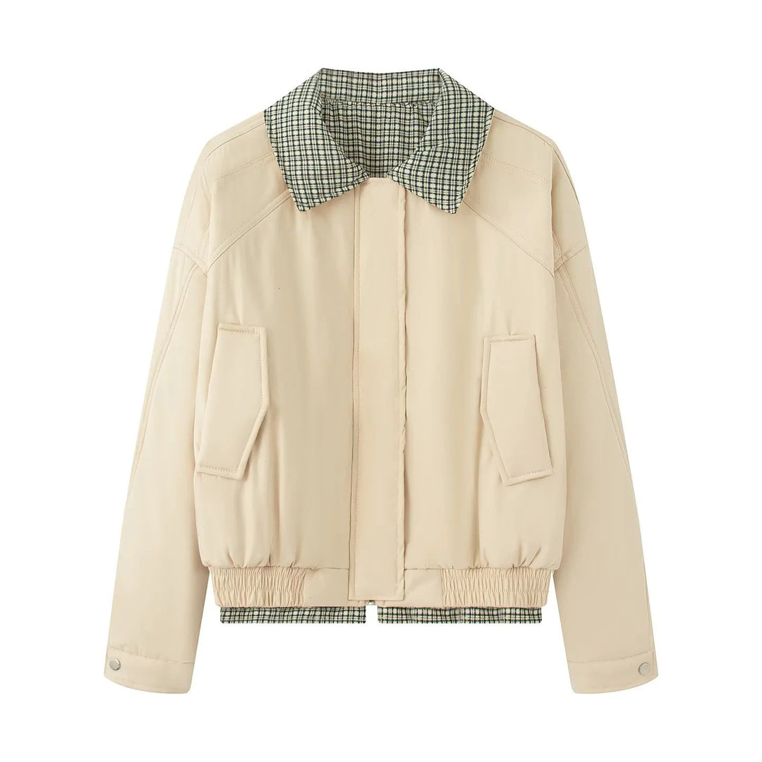 Women's Short Cut Bomber Jacket with Checked Lining, Concealed Front Placket and Patch Pockets