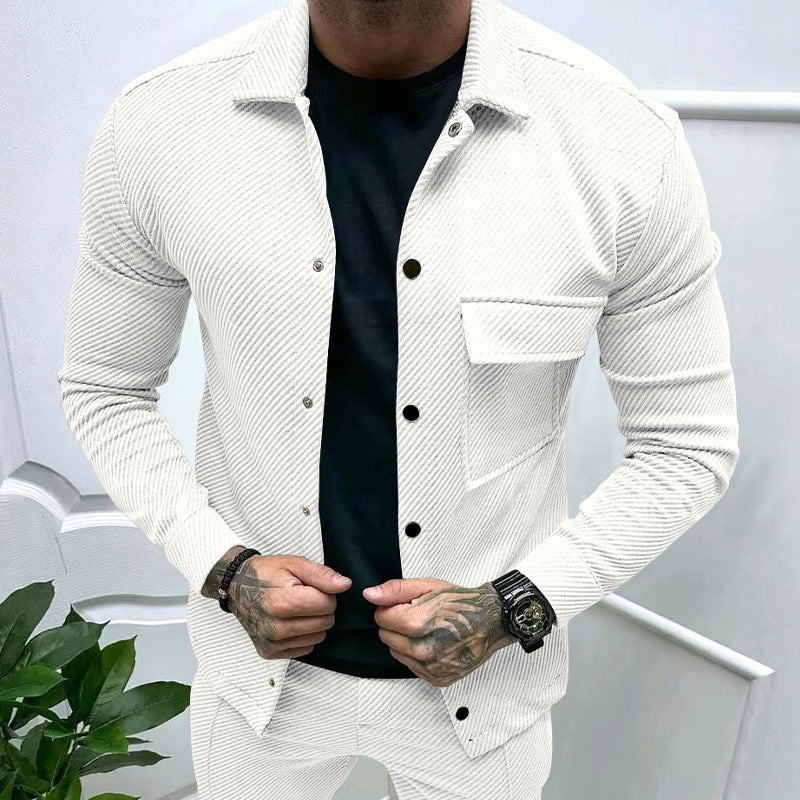 Men's Slim Ribbed Structure Overshirt Jacket with Snap Button Closure and Chest Flap