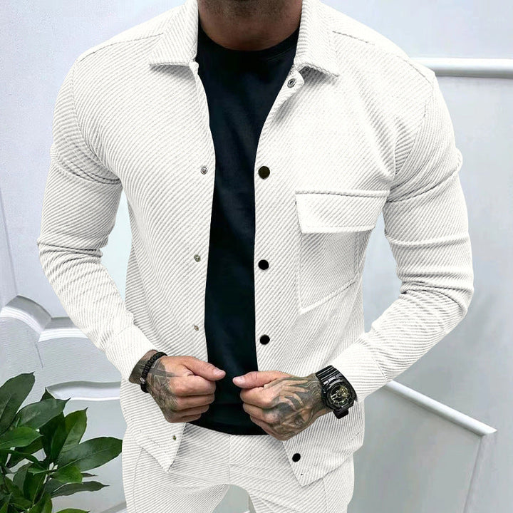 Men's Slim Ribbed Structure Overshirt Jacket with Snap Button Closure and Chest Flap