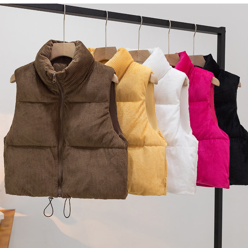 Women's Padded Cord Quilted Vest with Stand-up Collar and Drawstring