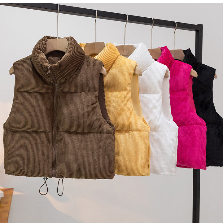 Women's Padded Cord Quilted Vest with Stand-up Collar and Drawstring
