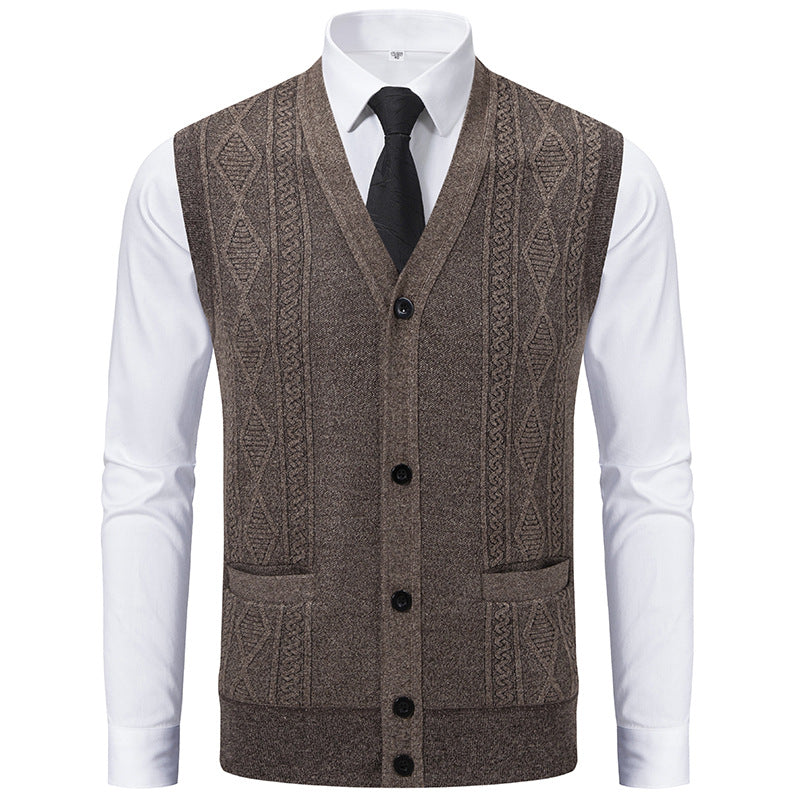 Men's V-neck Knitted Vest with Cable Pattern, Continuous Button Placket and Patch Pockets