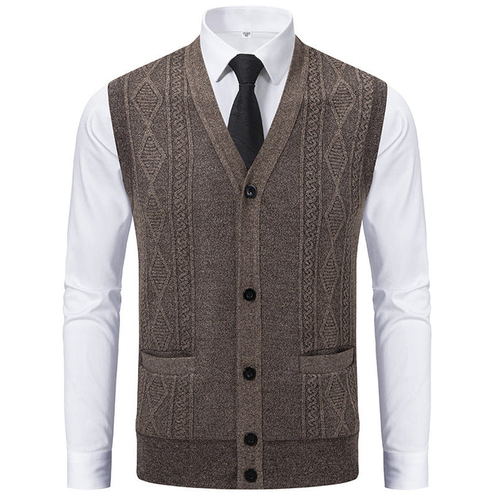 Men's V-neck Knitted Vest with Cable Pattern, Continuous Button Placket and Patch Pockets