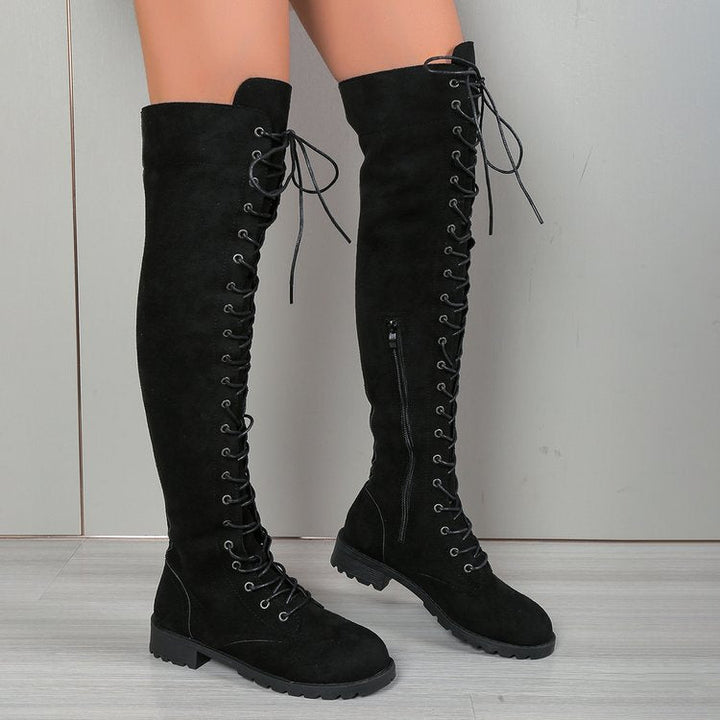 Women's Over-the-knee Lace-up Boots with Side Zipper, Decorative Lacing, and Textured Rubber Sole