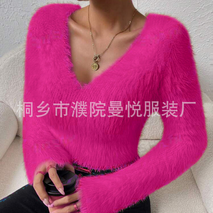 Women's Fluffy Crop Sweater with V-Neck and Eyelash Structure