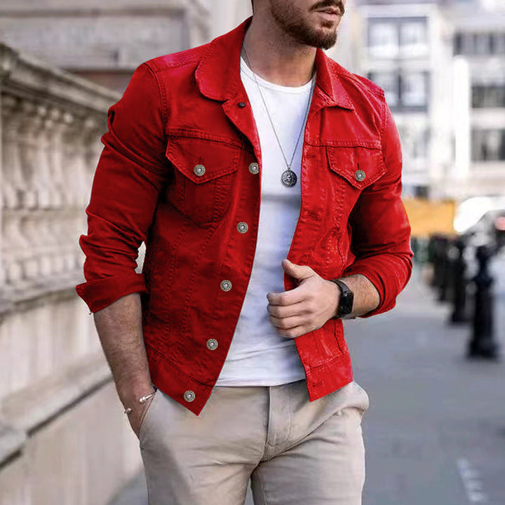 Men's Tailored Denim Jacket in Trucker Style with Chest Pockets and Metal Buttons