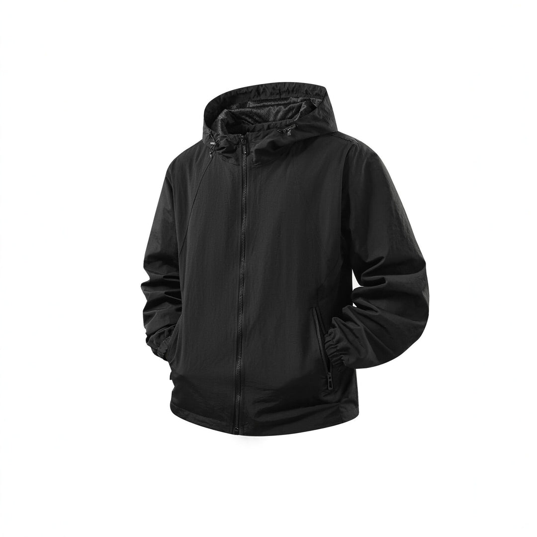 Men's Lightweight Breathable Hooded Windbreaker with Mesh Lining and Zipper Pockets