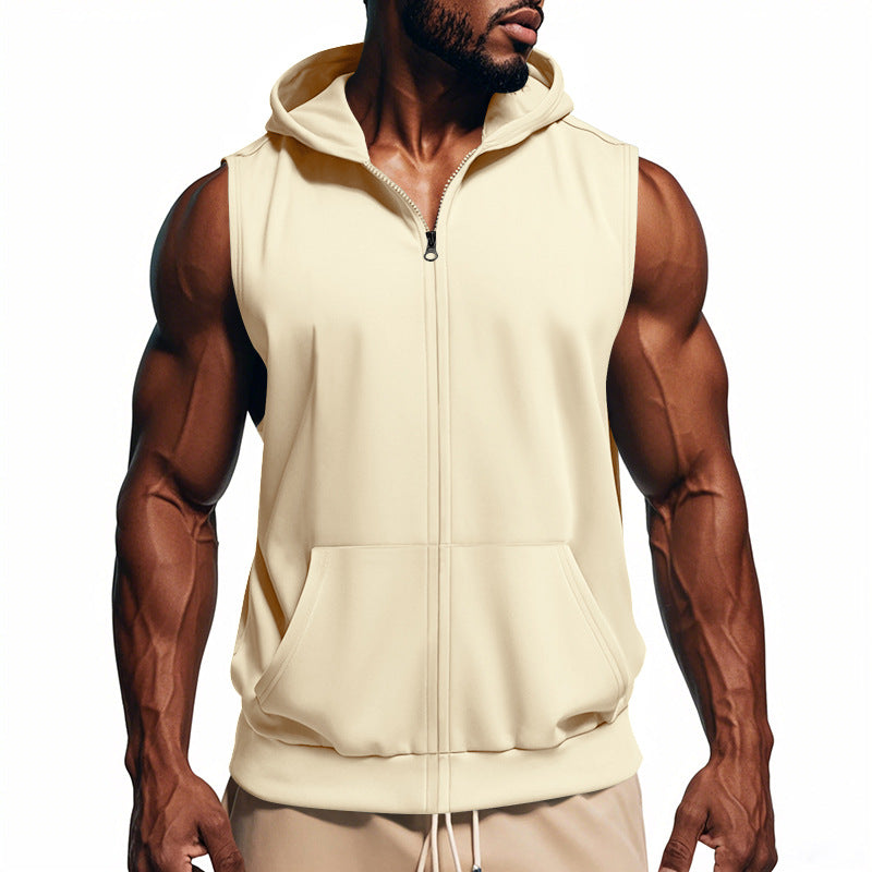 Men's Muscle-fit Training Hoodie Vest with Zipper and Kangaroo Pocket