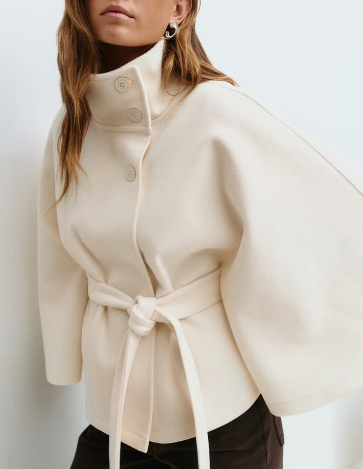 Women's Widely Cut Cape Coat with High Stand-up Collar, Button Placket, and Tie Belt