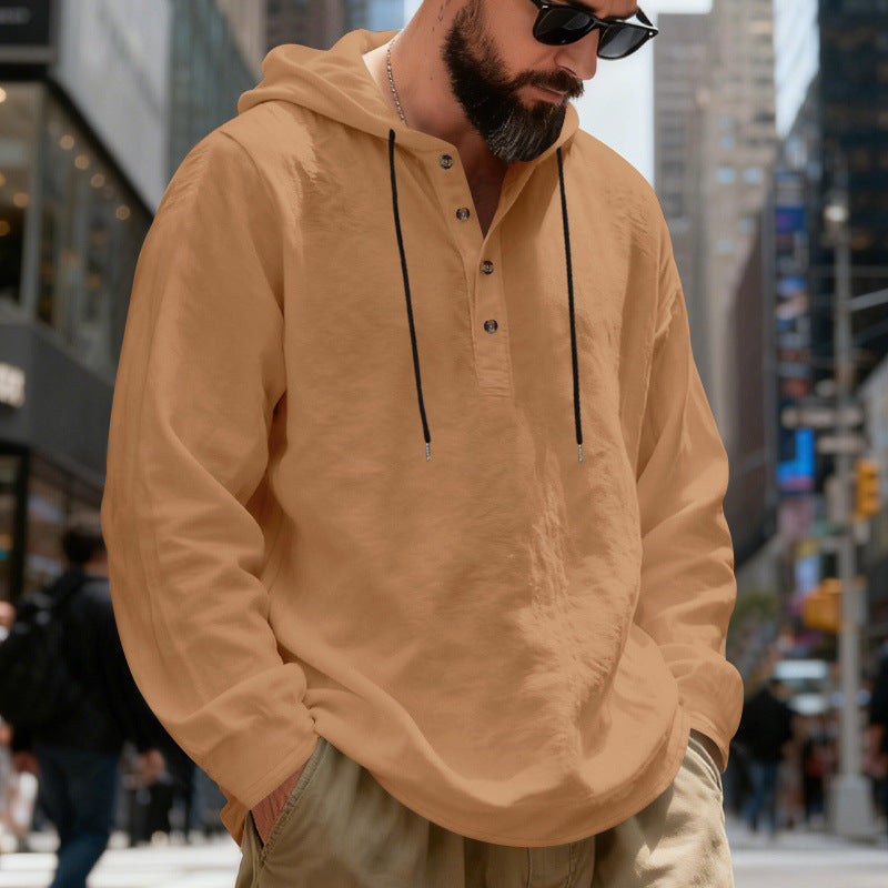 Men's Lightweight Hooded Shirt with Button Placket made of Linen Blend and Relaxed Fit