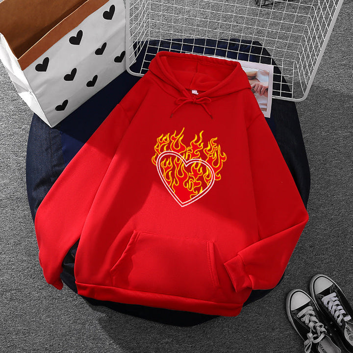 Women Light Oversized Hoodie with Heart EKG Motif, Long Cords and Elastic Cuff