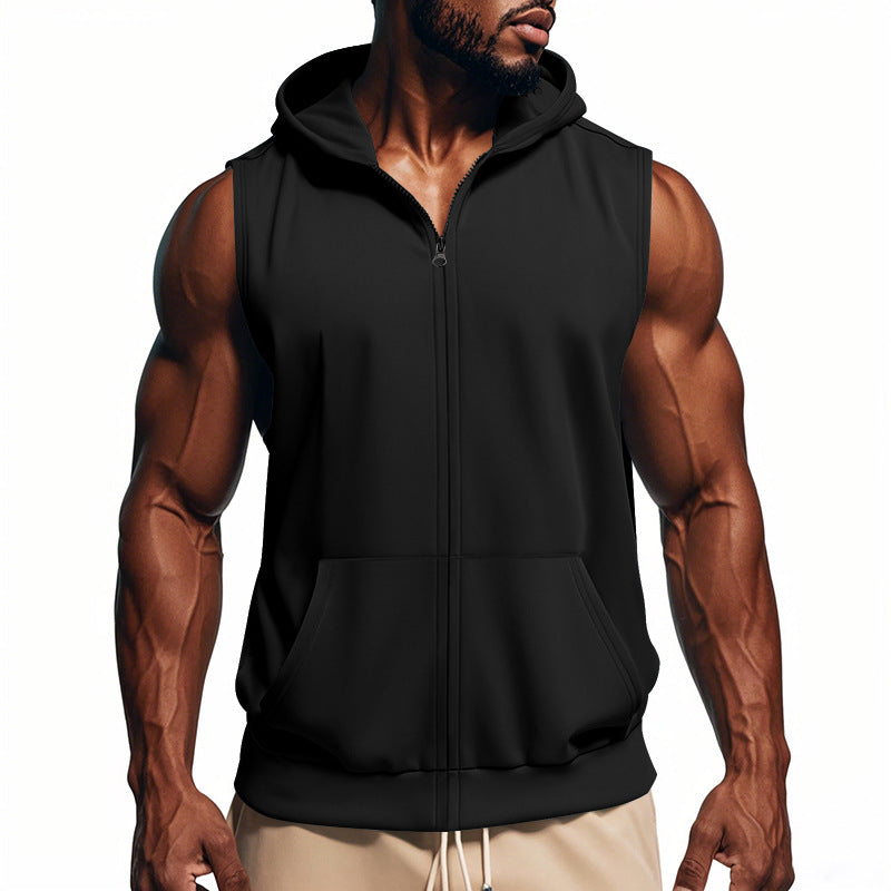 Men's Muscle-fit Training Hoodie Vest with Zipper and Kangaroo Pocket