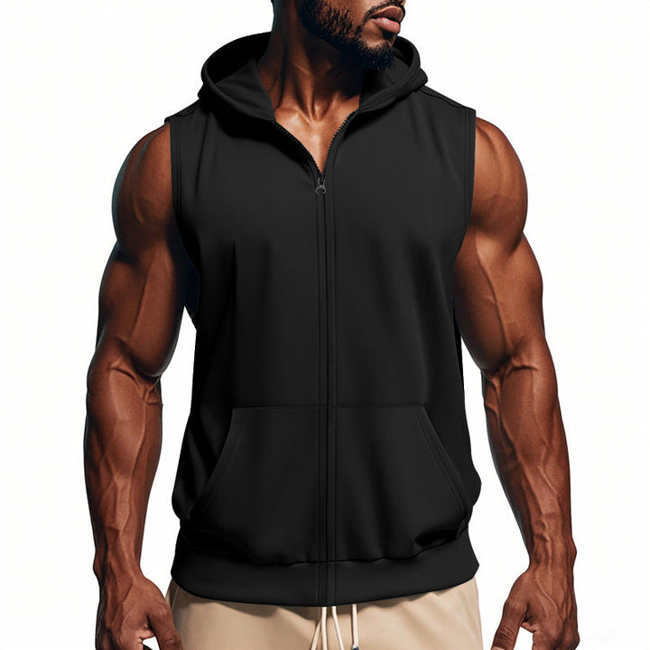Men's Muscle-fit Training Hoodie Vest with Zipper and Kangaroo Pocket
