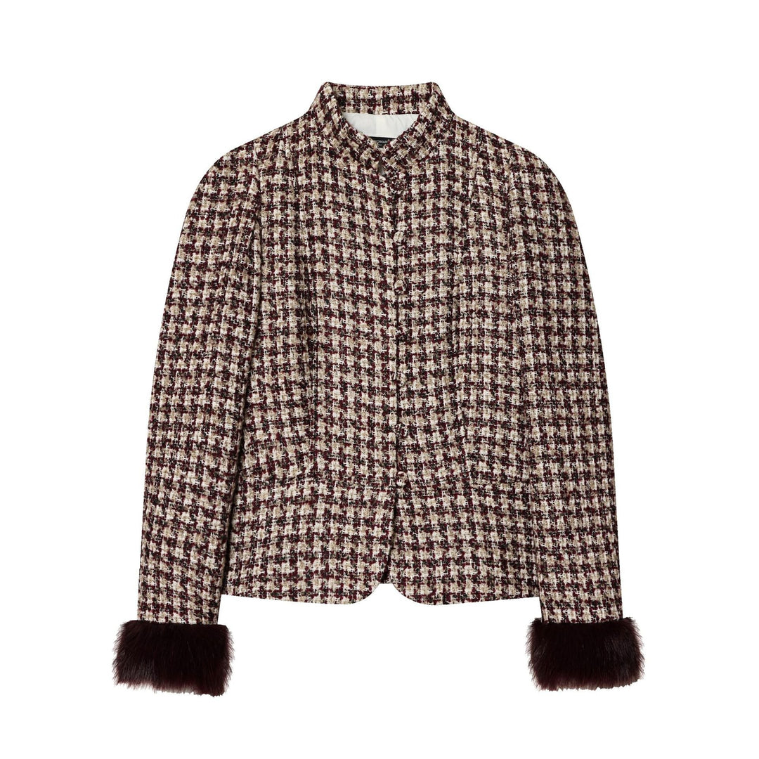 Women's Short-cut Bouclé Tweed Jacket with Stand-up Collar, Concealed Button Placket, and Soft Faux Fur Cuffs