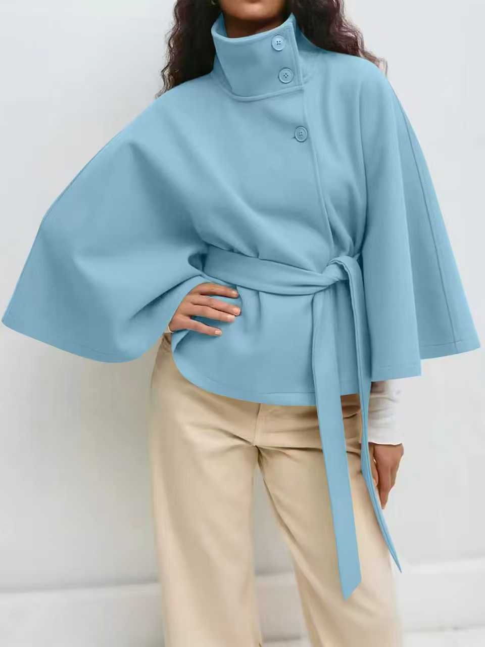 Women's Widely Cut Cape Coat with High Stand-up Collar, Button Placket, and Tie Belt