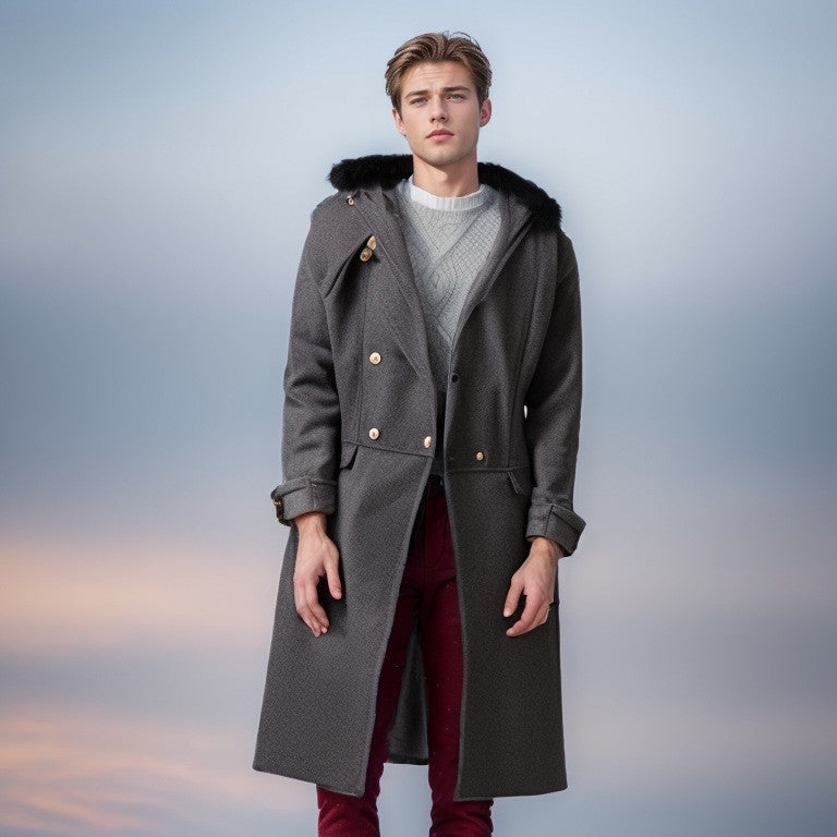 Men's Elegant Wool Jacket with Faux Fur Collar