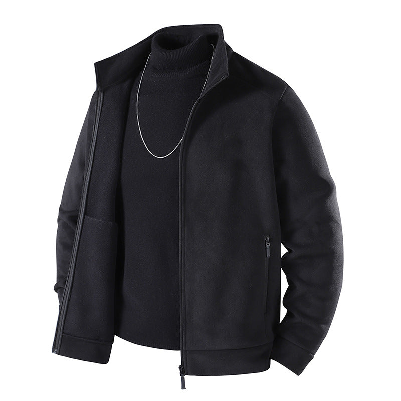 Men's Simple Velvet-Look Transitional Jacket with High-Closing Stand-Up Collar, Concealed Two-Way Zipper & Zip Pockets