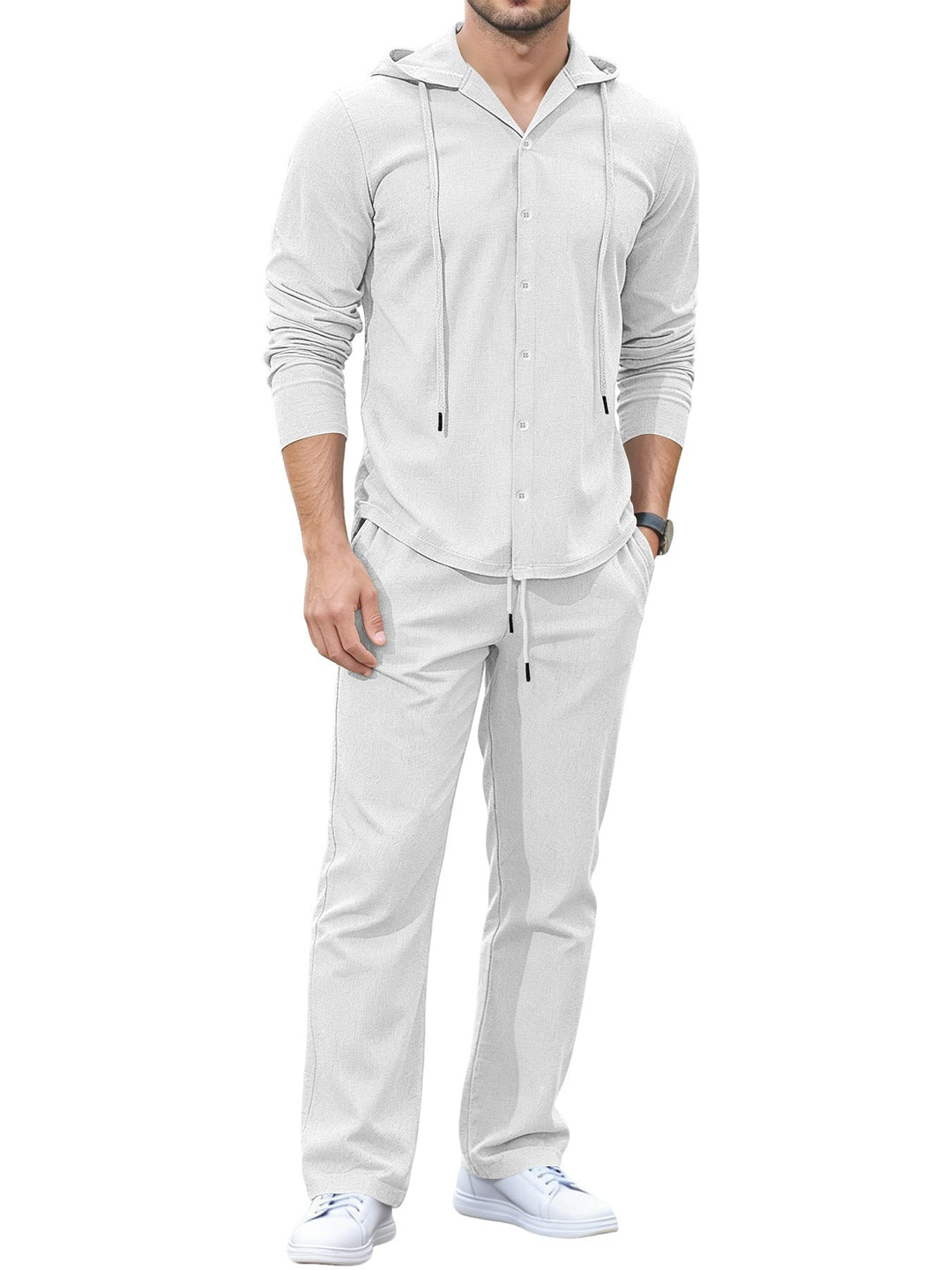 Men's Casual Button Hoodie Lounge Set made of Jersey with Drawstring and Comfort Jogger