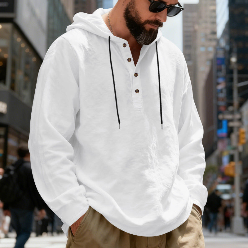 Men's Lightweight Hooded Shirt with Button Placket made of Linen Blend and Relaxed Fit