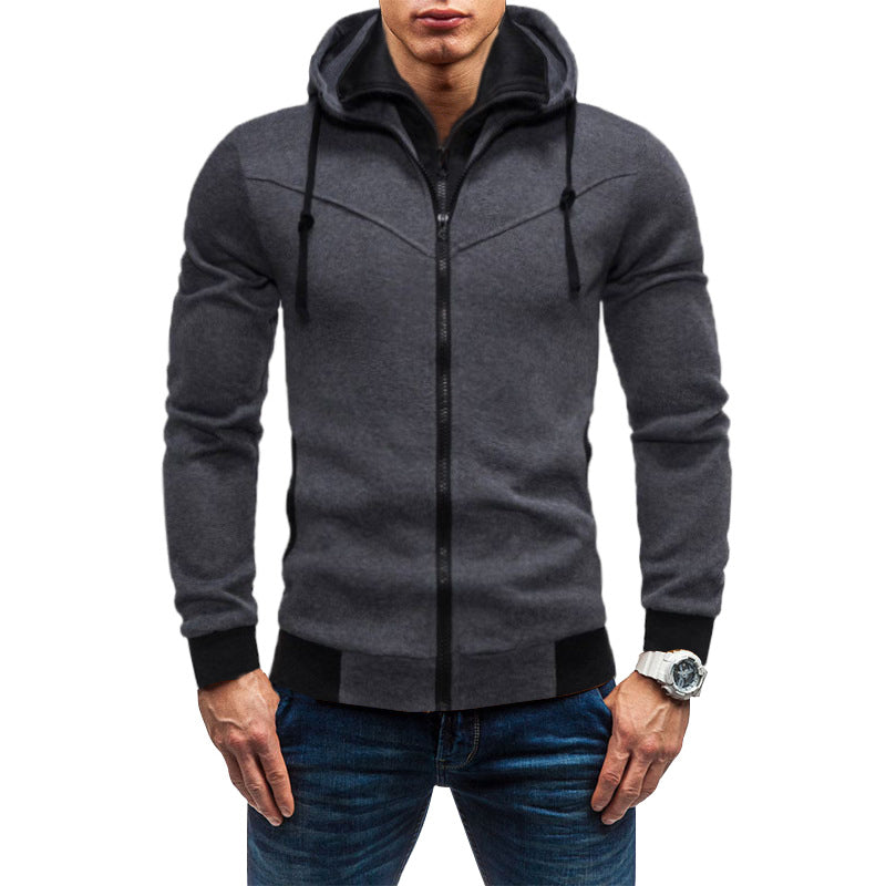 Men's Slim-Fit Hoodie Jacket with Concealed Zipper Double Collar and Contrasting Cuffs