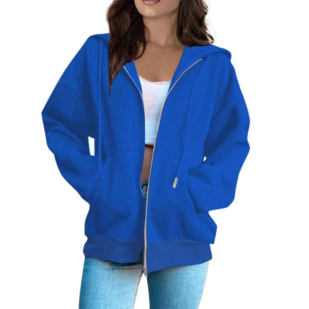 Women's Casual Hoodie Jacket with Continuous Zipper, Kangaroo Pockets, and Voluminous Raglan Sleeves