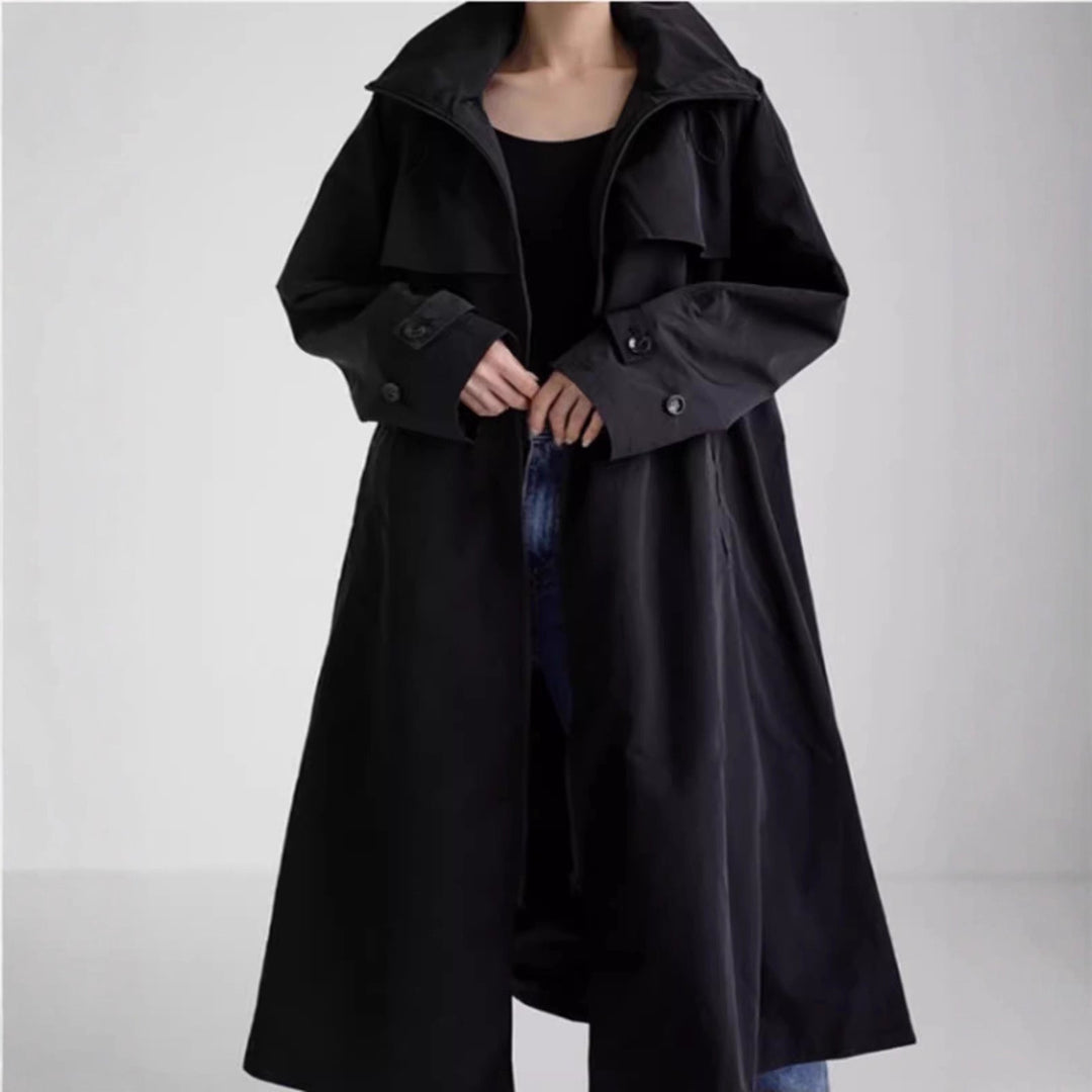 Women Oversize Long Raincoat with Hood, Water-Repellent Fabric and Wide A-Line Cut
