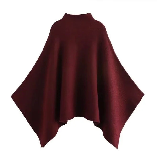 Women's Fine Oversize Poncho with Stand Collar and Asymmetric Hem