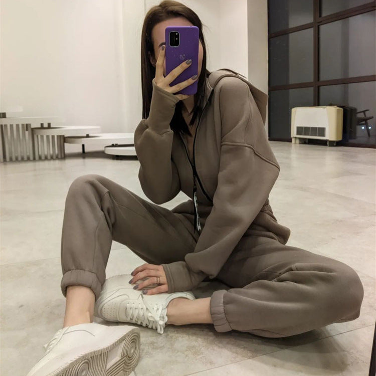 Women's Tailored Hooded Sweat Jumpsuit with Zipper and Elastic Waistband
